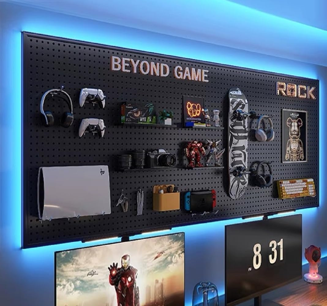 RGB Pegboard Wall Organizer – 2-Pack Gaming Desk Setup with LED Strip Lights
