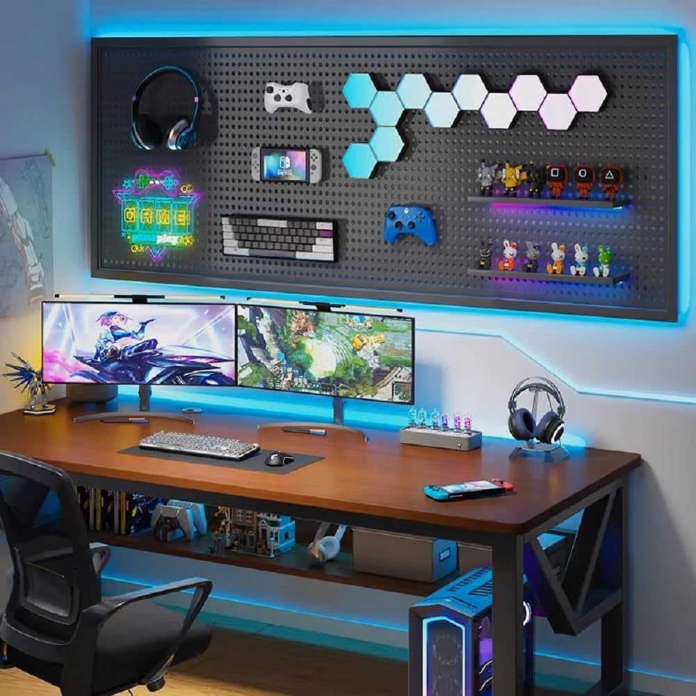 RGB Pegboard Wall Organizer – 2-Pack Gaming Desk Setup with LED Strip Lights