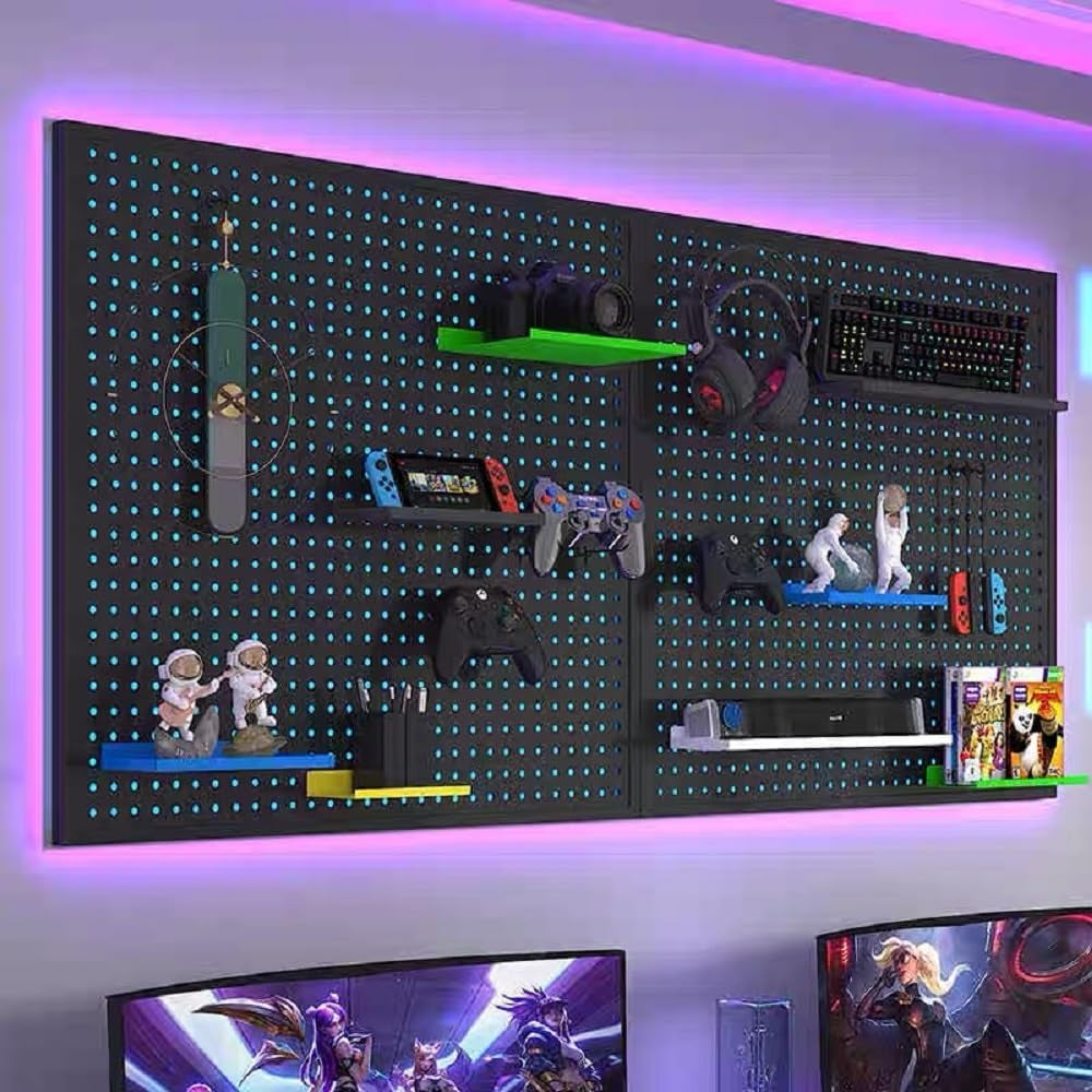 RGB Pegboard Wall Organizer – 2-Pack Gaming Desk Setup with LED Strip Lights
