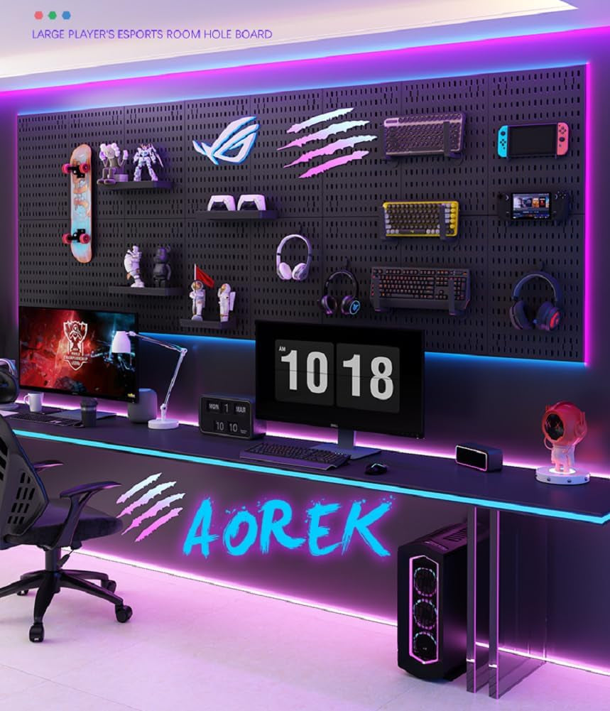 RGB Pegboard Wall Organizer – 2-Pack Gaming Desk Setup with LED Strip Lights