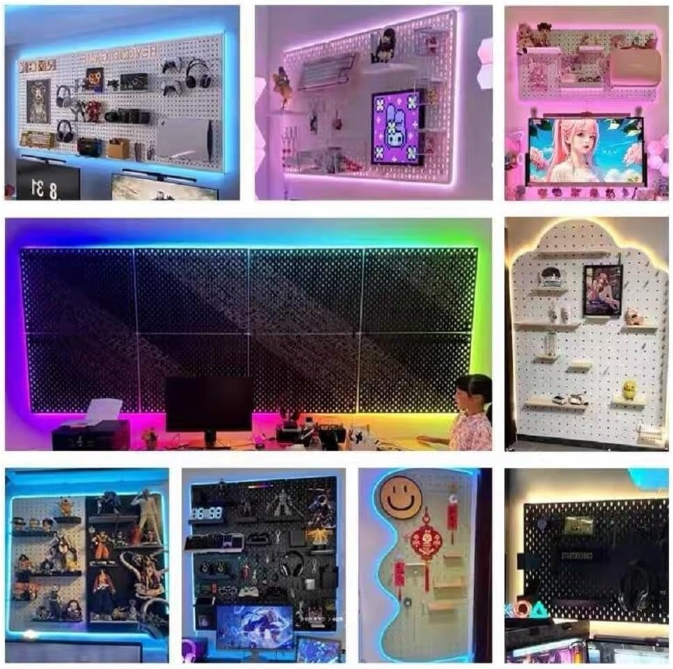 RGB Pegboard Wall Organizer – 2-Pack Gaming Desk Setup with LED Strip Lights