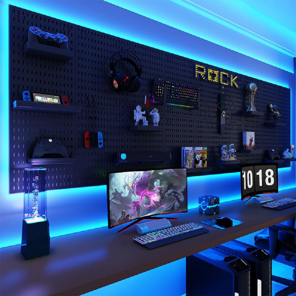 RGB Pegboard Wall Organizer – 2-Pack Gaming Desk Setup with LED Strip Lights