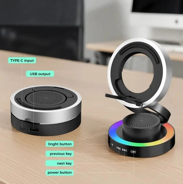 VANOTOM 5-in-1 Wireless Speaker Phone Stand | BT Speaker, Power Bank, RGB Light