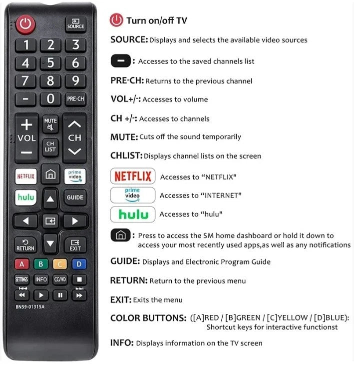 Remote Control For Samsung Smart TV 4K LED HDTV BN59-01315A Compatible with UN43
