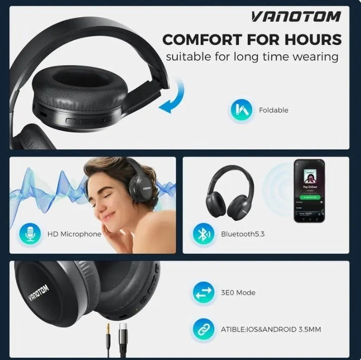 VANOTOM Folding Wireless Headphones Gaming Headset, 1 Piece Foldable Over Ear Wireless Headphones