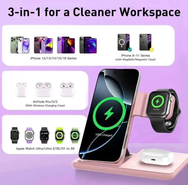 Foldable Wireless Charging Station Charger for Smartphone iPhone 11-17 & watch