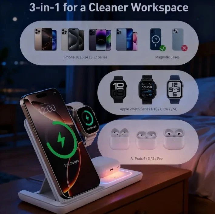Foldable Wireless Charging Station Charger for Smartphone iPhone 11-17 & watch